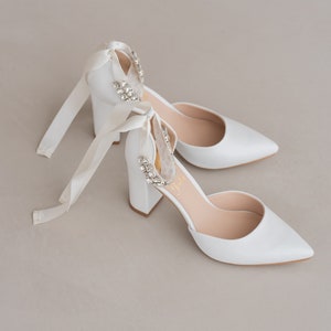White Wedding Heels with Block Heel and Ankle Strap, Bridal Shoes with High Heels from White Leather, Shoes For Bride with Pointy Toe