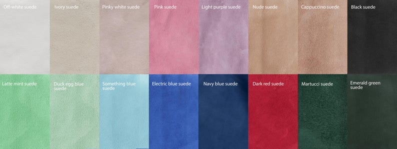 K&ouml;nnte beinhalten: Ein Raster aus sechzehn Wildleder-Stoffmustern in verschiedenen Farben, beschriftet mit Texten wie off-white, ivory, pinky white, pink, light purple, nude, cappuccino, black, latte mint, duck egg blue, something blue, electric blue, navy, dark red, Martucci und emerald green.