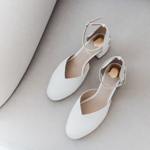 White Bridal Sandals with Handmade Embroidery, Wedding Shoes with V-Cut Vamp, Almond Toe and Ankle Strap, Bridal Shoes Low Block Heel