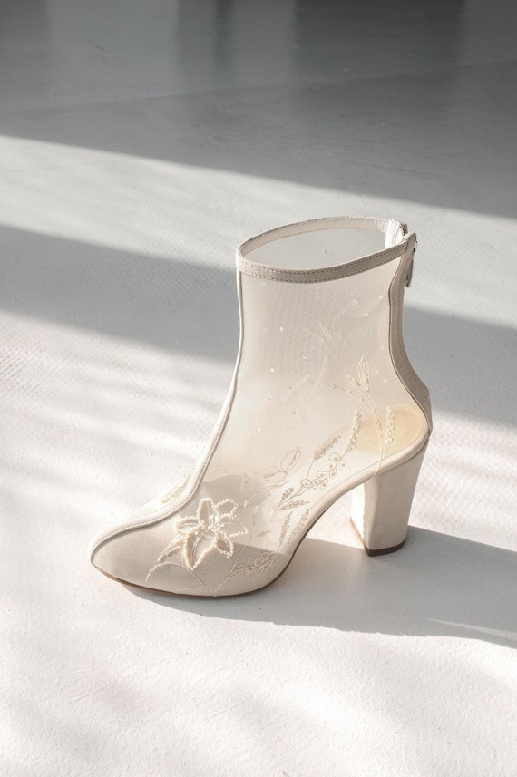 Ivory Wedding Ankle Boots With Floral Beads Embroidery, Genuine 