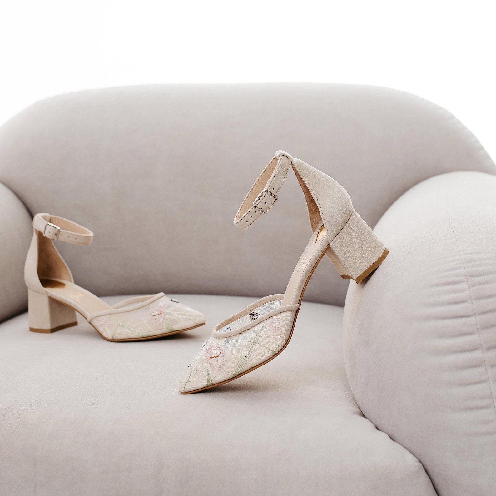 Ivory Wedding Sandals With Low Block Heels and Handmade Embroidery, off — free download