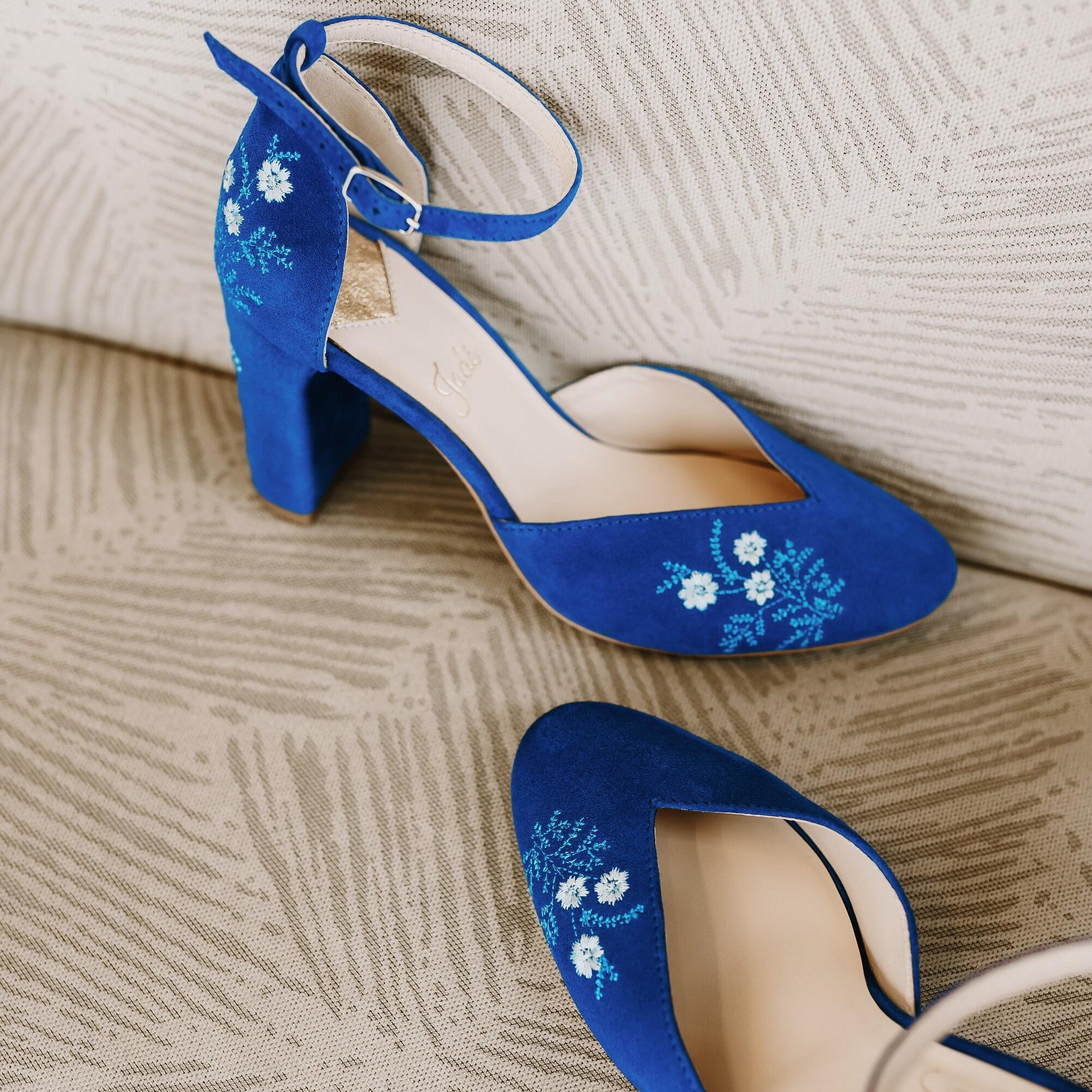 Royal Blue Bridal Sandals With Handmade Embroidery, Wedding Shoes