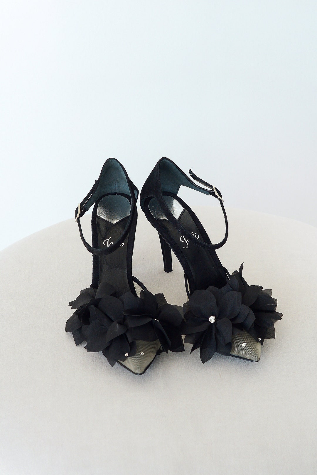 Black Wedding Shoes With Black Flowers and Pointy High Heels Floral Bridal Shoes With Ankle Strap Wedding Sandals With Organza Flowers Etsy UK