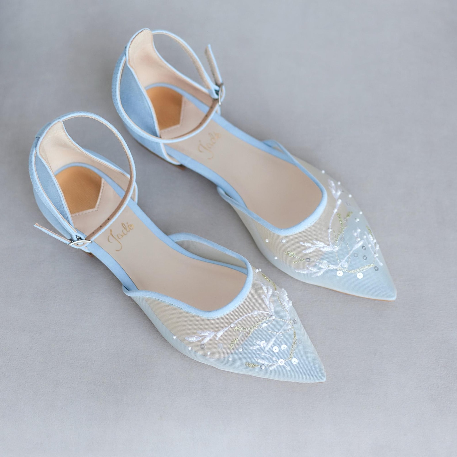 Blue Wedding Flats With Ankle Strap and Handmade Embroidery, Beaded Blue Wedding Flats With Ankle Strap and Handmade Embroidery, Beaded