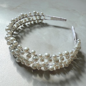 Wide Pearl Bridal Headband, Assorted Pearls Headpiece, Wedding Halo Crown Hairpiece, Handmade Headband for Bride