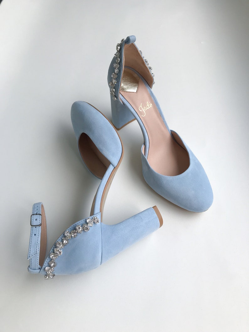 Blue Custom Wedding Bridal block heel Shoes with Crystal Jewelry