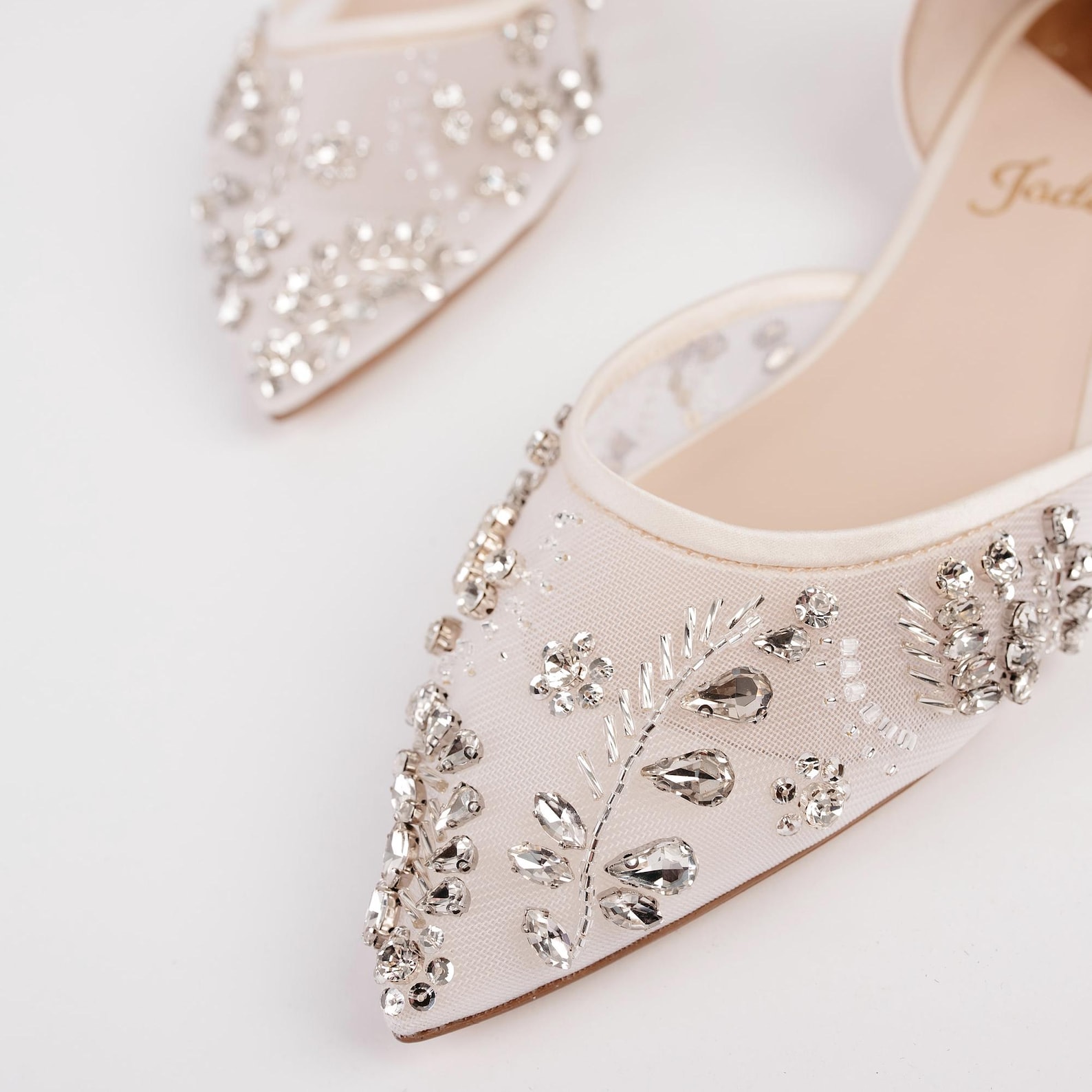 Ivory Wedding Flats With Ankle Strap and Handmade Crystal Embroidery