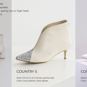 May include: Three pairs of customisable country boots. COUNTRY B5: white leather with silver glitter toe, 5.5 cm block heel. COUNTRY 5: ivory leather with silver glitter toe, 5.5 cm pointy heel. COUNTRY 8: white leather, 8.5 cm pointy heel.