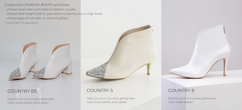 May include: Three pairs of customisable country boots. COUNTRY B5: white leather with silver glitter toe, 5.5 cm block heel. COUNTRY 5: ivory leather with silver glitter toe, 5.5 cm pointy heel. COUNTRY 8: white leather, 8.5 cm pointy heel.