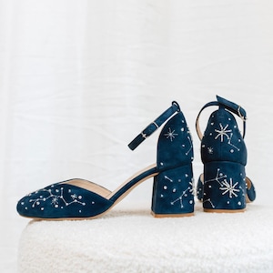 Royal Blue Celestial Bridal Sandals with Stars Embroidery, Wedding Shoes with Almond Toe and Ankle Strap, Bridal Shoes with Low Block Heel