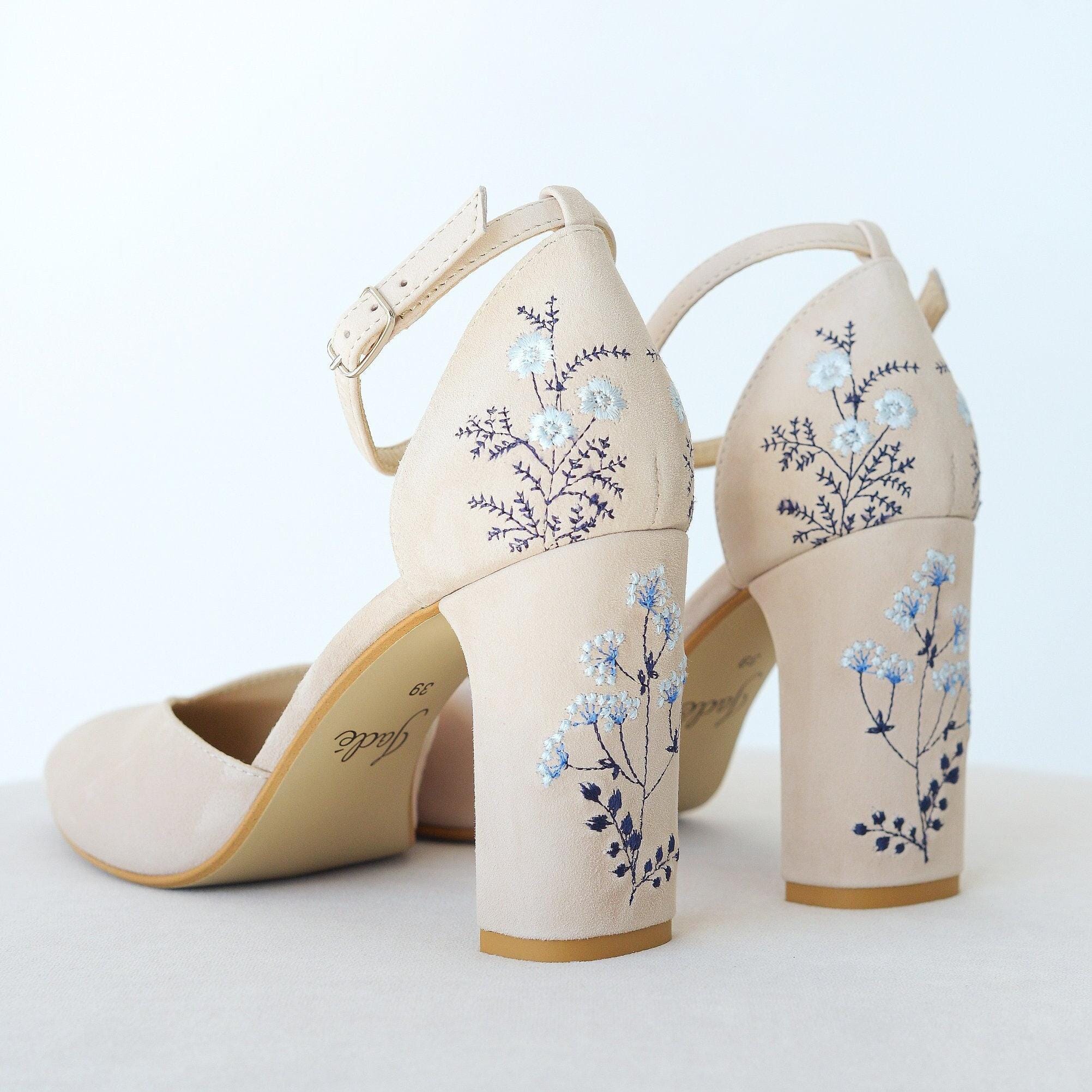 Ivory Bridal Sandals with Handmade Embroidery, Wedding Shoes with V-Notched Vamp, Almond Toe and Ankle Strap, Bridal Shoes with Block Heel