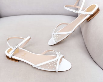 White Wedding Sandals with Flat Heel and Open Peep Toe, Slingback Bridal Flats with Pearl Embroidery, Wedding Shoes for Bride