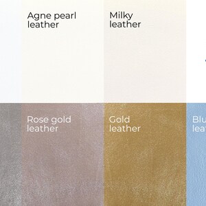 May include: A colour chart displaying eight leather swatches labelled White, Agne pearl, Milky, Silver, Rose gold, Gold, and Blue leather. The text Jade is visible in the top right corner. Each swatch shows a distinct colour and texture variation.