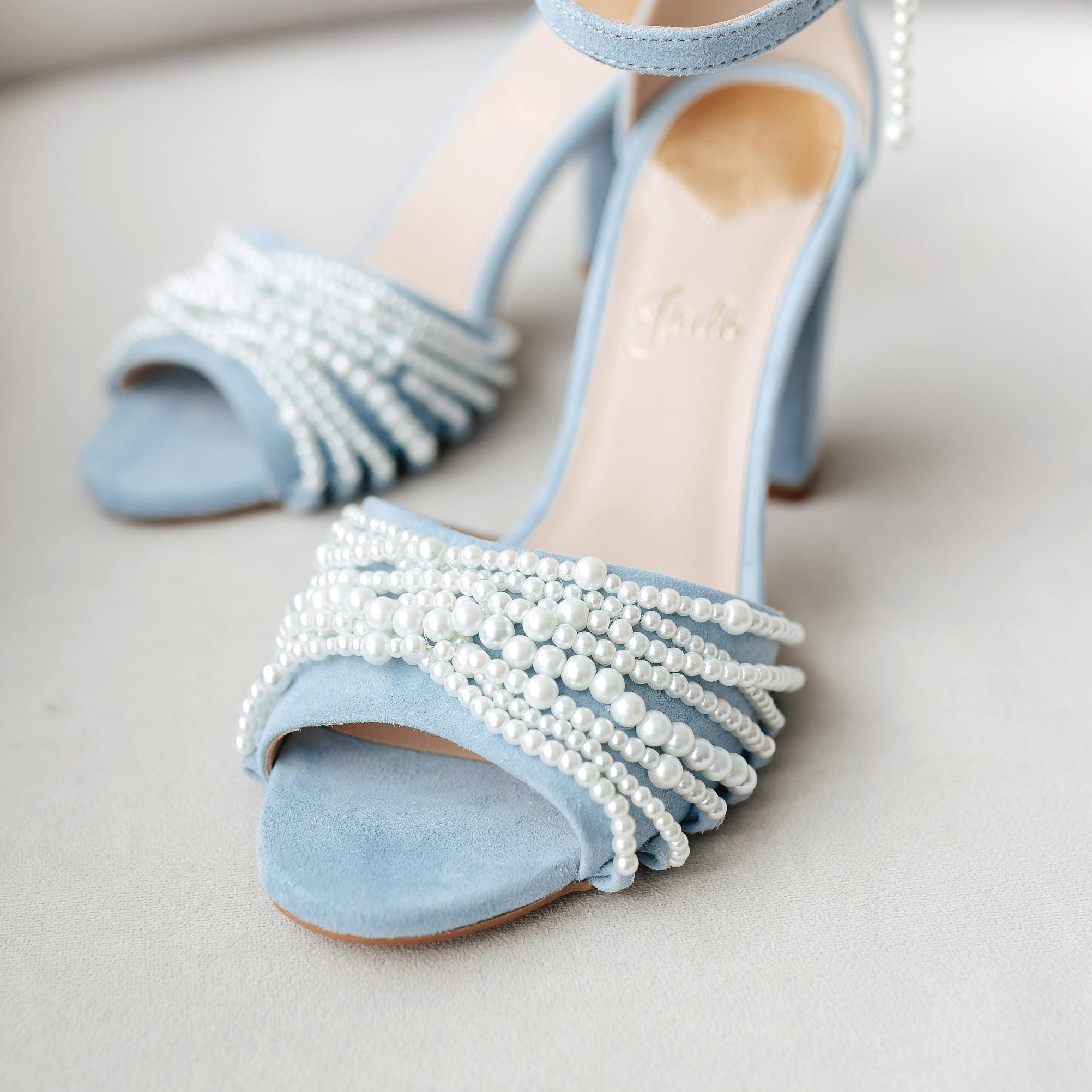 Blue Wedding Sandals With Pearls and High Block Heels, Peep Toe Bridal Blue Wedding Sandals With Pearls and High Block Heels, Peep Toe Bridal