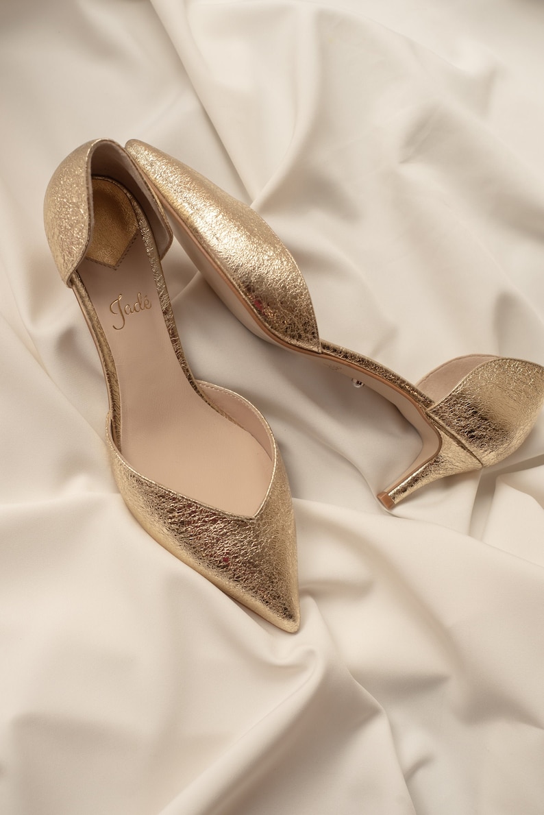 Elegant Wedding Pumps in Gold Leather With Mid Kitten Heel and - Etsy