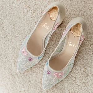 Ivory Wedding Shoes with Mid Block Heel and Colorful Floral Embroidery, Wedding Heels with Pointy Toe, Handmade Embroidered Bridal Shoes