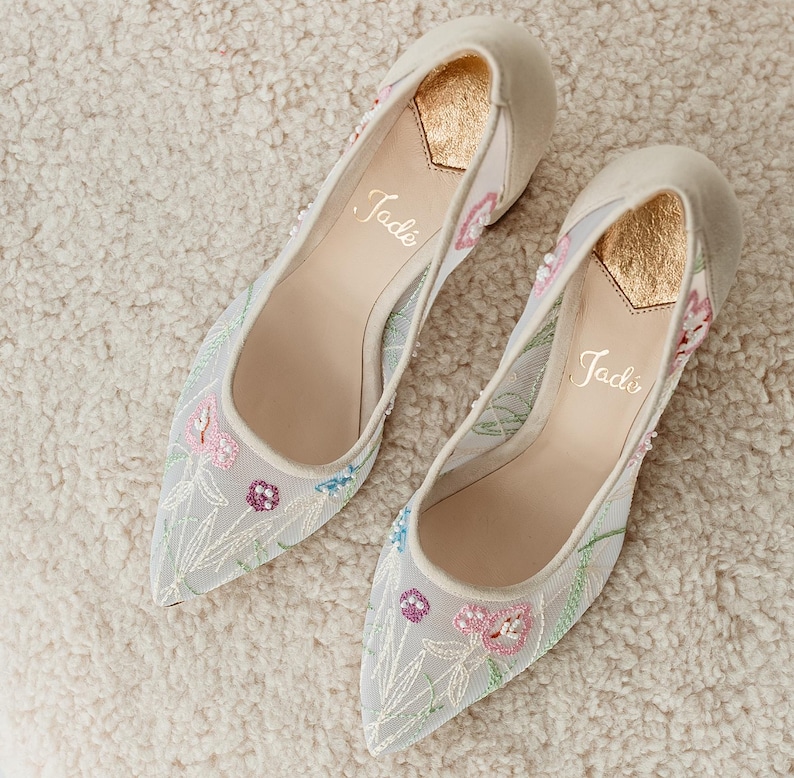 Ivory Wedding Shoes with Mid Block Heel and Colorful Floral Embroidery, Wedding Heels with Pointy Toe, Handmade Embroidered Bridal Shoes