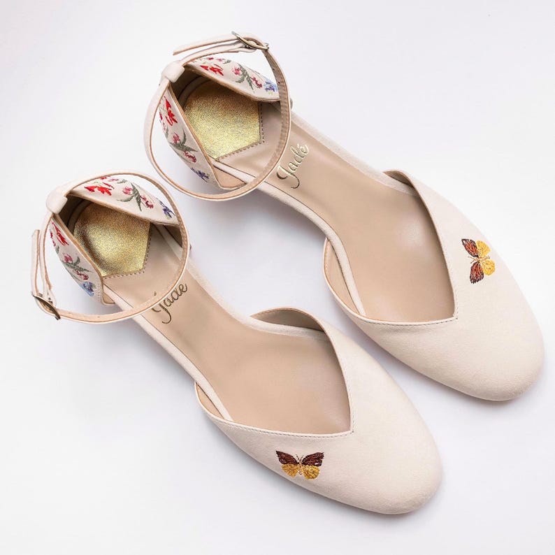 Ivory Bridal Shoes with Custom Flower Embroidery, Suede Wedding Block Heels with Ankle Strap and Almond Toe, Handmade Shoes with Wildflowers image 9