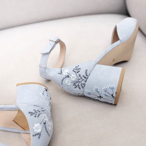 Something Blue Bridal Sandals with Handmade Embroidery, Wedding Shoes with Pointy Toe and Ankle Strap, Bridal Shoes Low Block Heel image 4