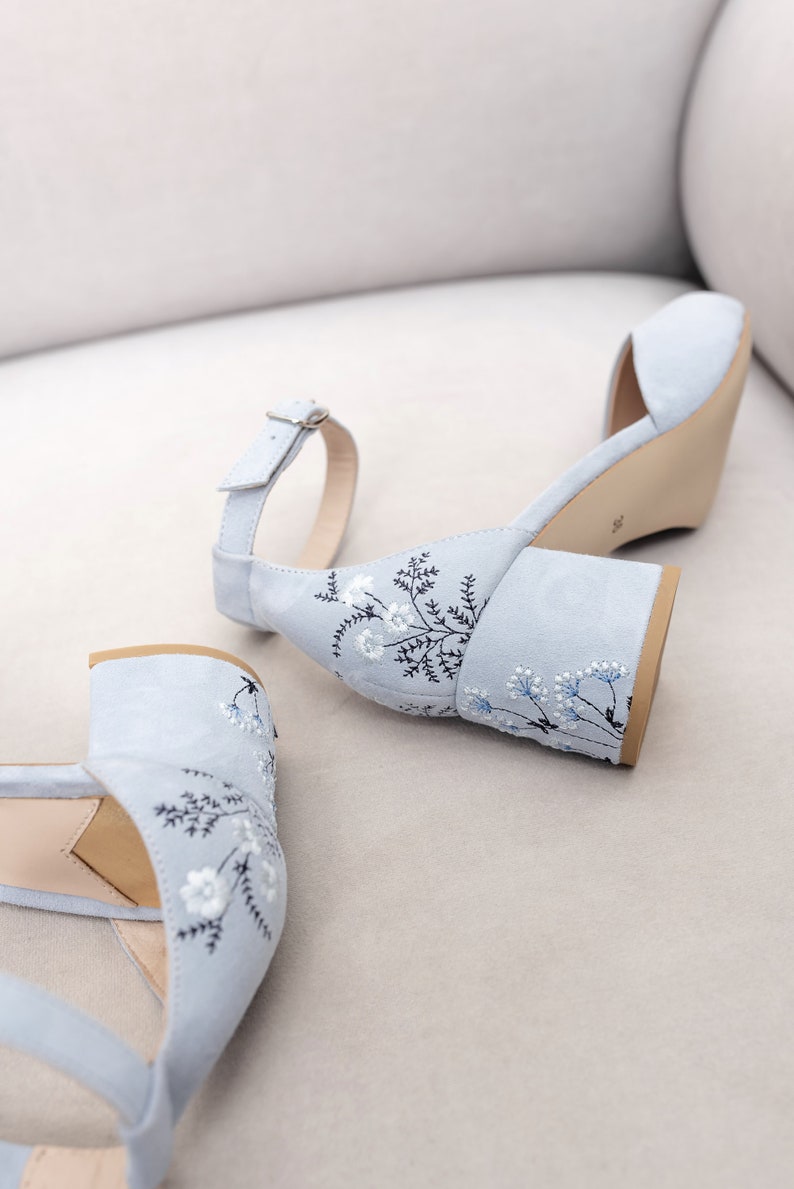 Something Blue Bridal Sandals with Handmade Embroidery, Wedding Shoes with Pointy Toe and Ankle Strap, Bridal Shoes Low Block Heel image 4