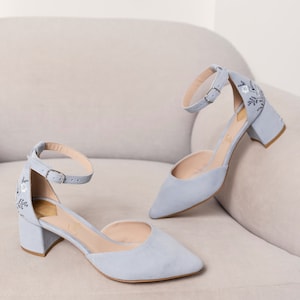 Something Blue Bridal Sandals with Handmade Embroidery, Wedding Shoes with Pointy Toe and Ankle Strap, Bridal Shoes Low Block Heel image 5