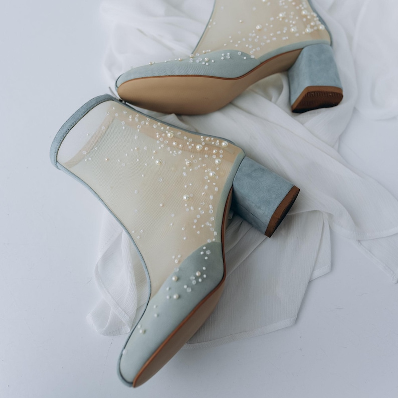 Ivory Wedding Boots with Block Heels and Pearl Embroidery on Tulle, Almond Toe Wedding Shoes Pearls Embellished, Bridal Booties Mid Heel