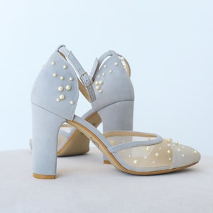 Light Blue Wedding Shoes with Pearl Embroidery and Block Heels, Bridal Sandals with Closed Almond Toe, Wedding Shoes with Suede Ankle Strap