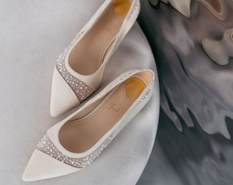 Ivory Wedding Flats with Sequin and Bead Embroidery on Soft White Mesh, Suede Wedding Shoes with Flat Heel, Bridal Shoes Pointy Toe