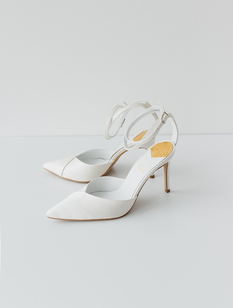 White Wedding Sandals with Pointy Toe, Bridal Shoes with High Heel and Ankle Strap, White or Beige Satin Bridesmaid Shoes on Pointy Heel image 1