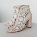 Lace Ivory Wedding Shoes with Block Heels, Flower Embroidered Boots with Front Laces, High Heels Bridal Shoes, Suede Wedding Boots for Bride product logo