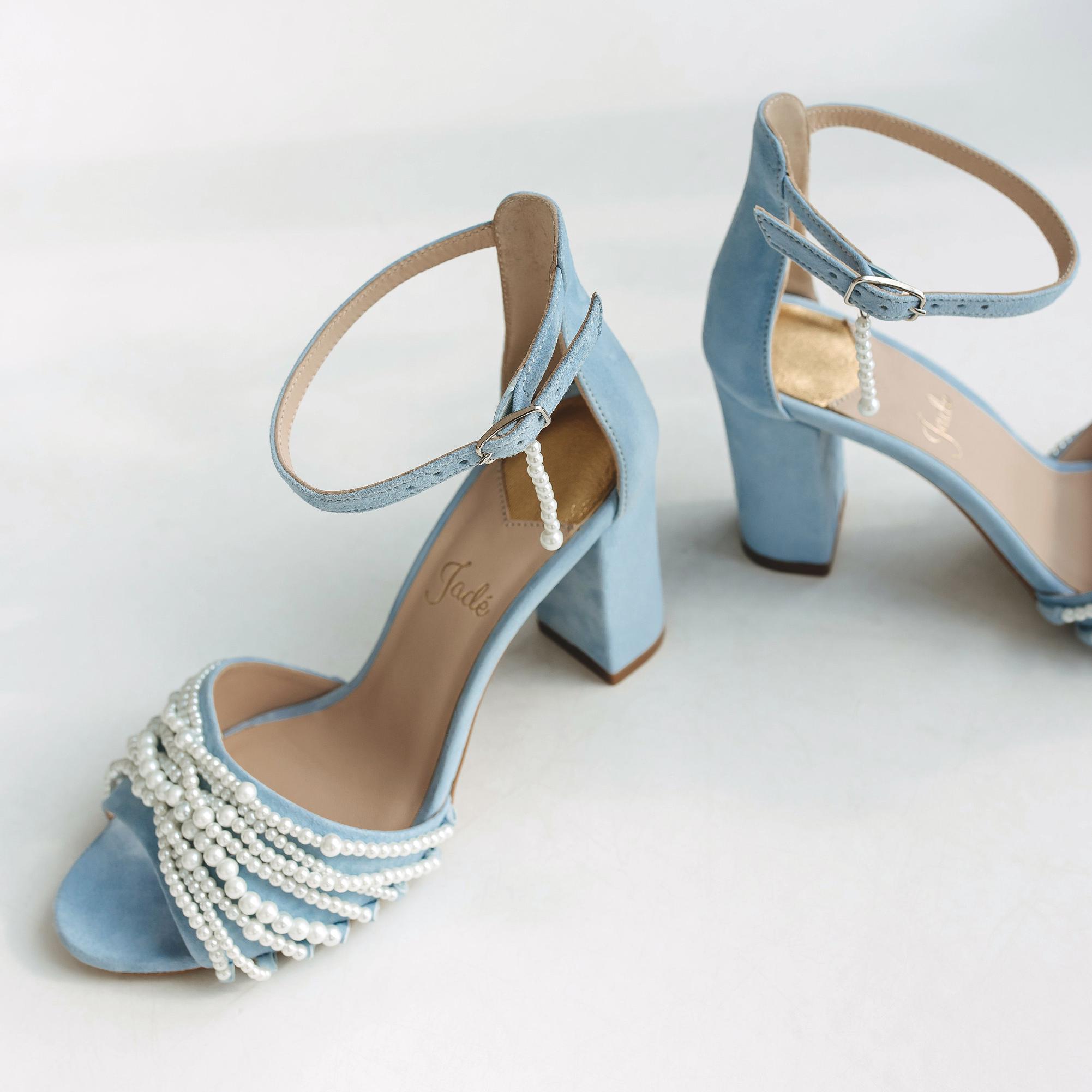 Blue Wedding Sandals With Pearls and High Block Heels, Peep Toe Bridal Blue Wedding Sandals With Pearls and High Block Heels, Peep Toe Bridal