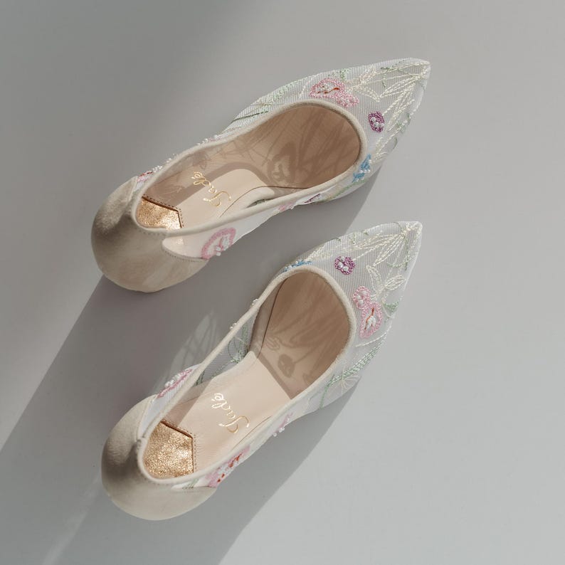Ivory Wedding Shoes with Mid Block Heel and Colorful Floral Embroidery, Wedding Heels with Pointy Toe, Handmade Embroidered Bridal Shoes