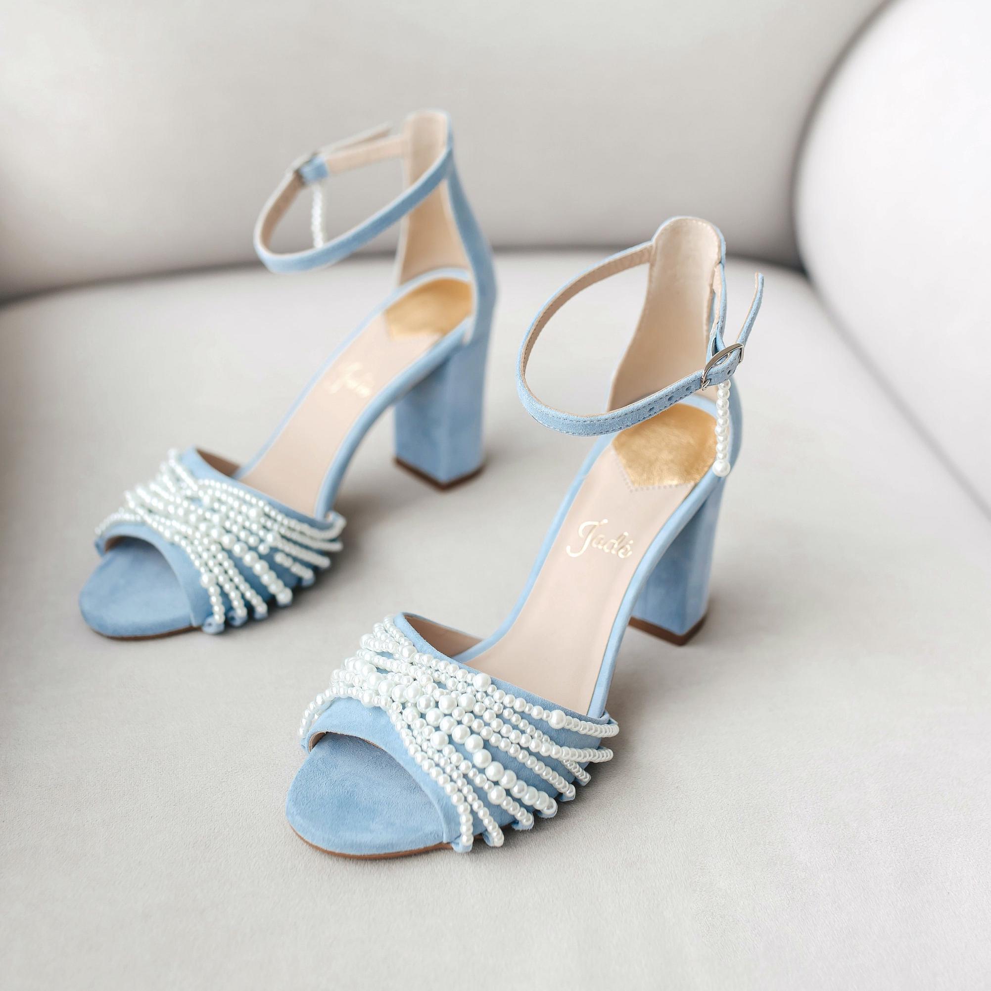 Blue Wedding Sandals With Pearls and High Block Heels, Peep Toe Bridal Blue Wedding Sandals With Pearls and High Block Heels, Peep Toe Bridal