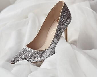 Silver Glitter Wedding Shoes with High Pointy Heel, Elegant Sparkly Wedding Pumps, Bling Bridal Shoes with Pointy Closed Toe and Golden Heel