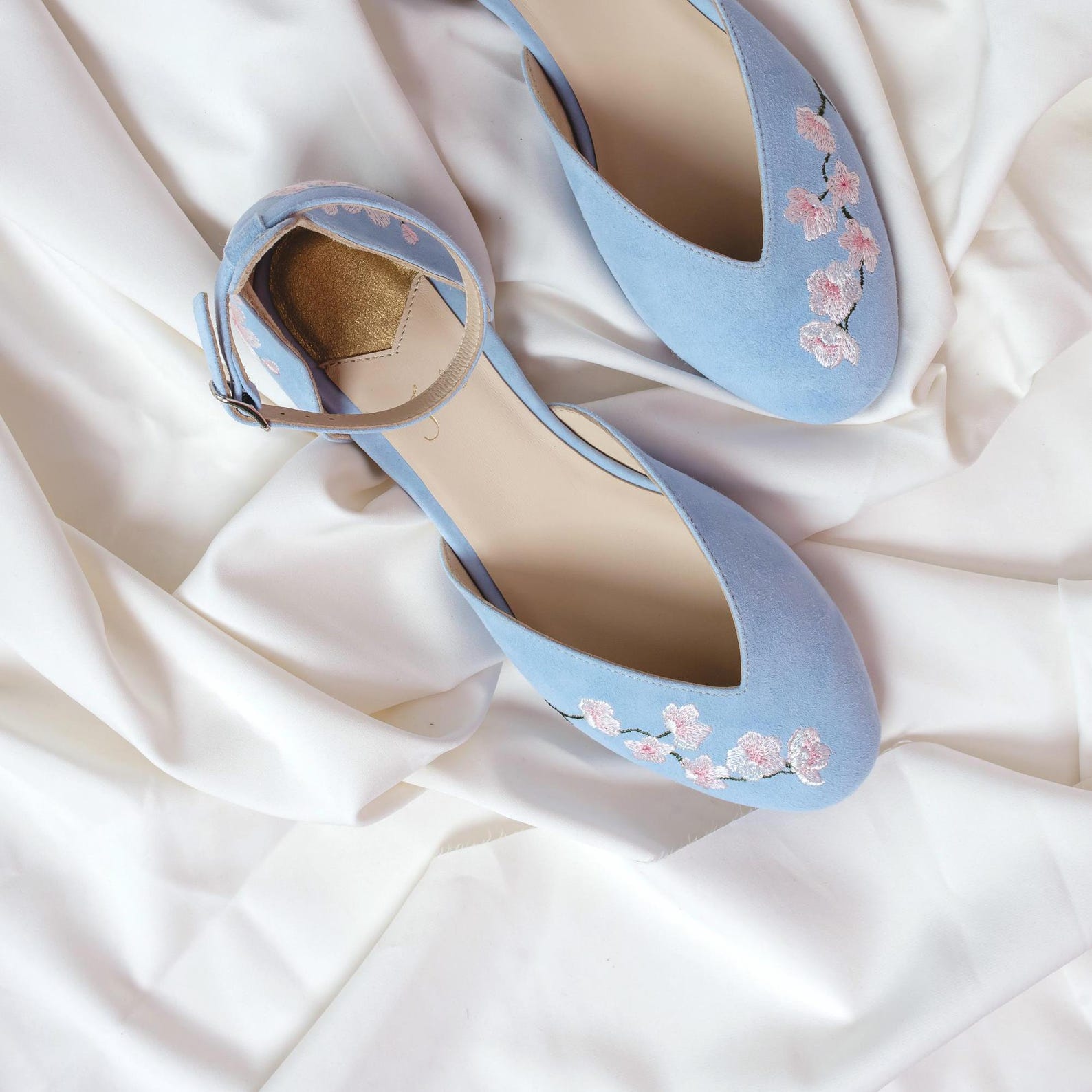 Blue Bridal Flats With Sakura Handmade Embroidery, Wedding Shoes With V Blue Bridal Flats With Sakura Handmade Embroidery, Wedding Shoes With V