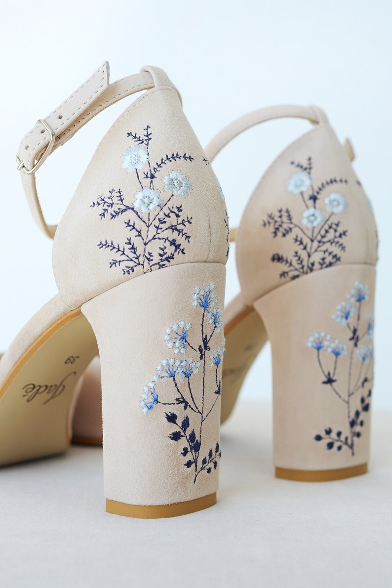 Ivory Bridal Sandals with Handmade Embroidery, Wedding Shoes with V-Notched Vamp, Almond Toe and Ankle Strap, Bridal Shoes with Block Heel