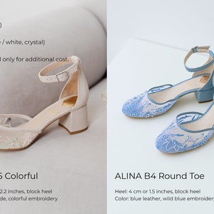 May include: Four pairs of customizable ankle-strap shoes labeled ALINA, FLO Flats Crystal, ALINA B5 Colorful, ALINA B4 Round Toe, and FLO 8 and FLO B8 Golden. The shoes feature various heel heights from 0.3 to 3.3 inches, colors, and embroidery styles.