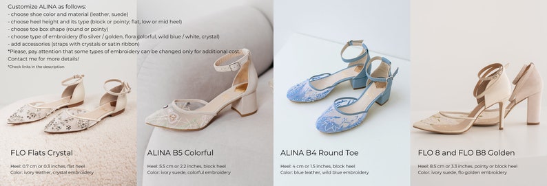 May include: Four pairs of customizable ankle-strap shoes labeled ALINA, FLO Flats Crystal, ALINA B5 Colorful, ALINA B4 Round Toe, and FLO 8 and FLO B8 Golden. The shoes feature various heel heights from 0.3 to 3.3 inches, colors, and embroidery styles.