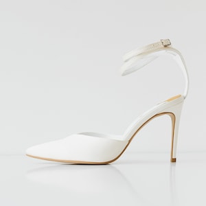 White Wedding Sandals with Pointy Toe, Bridal Shoes with High Heel and Ankle Strap, White or Beige Satin Bridesmaid Shoes on Pointy Heel image 2