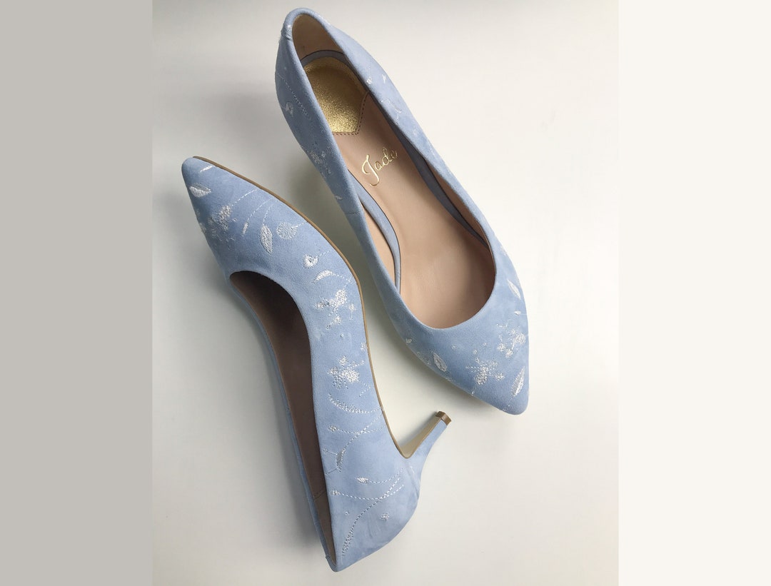 Blue Wedding Shoes With Kitten Heel and Floral Handmade Embroidery ...