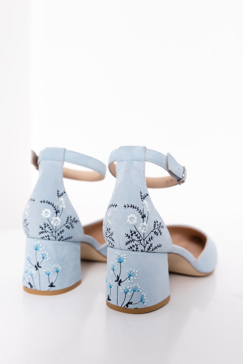 Something Blue Bridal Sandals with Handmade Embroidery, Wedding Shoes with Pointy Toe and Ankle Strap, Bridal Shoes Low Block Heel image 1