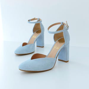 Blue Bridal Shoes with High Block Heel, Wedding Heels with Almond Toe and Ankle Strap, Wedding Sandals with V-notched Vamp, Something Blue