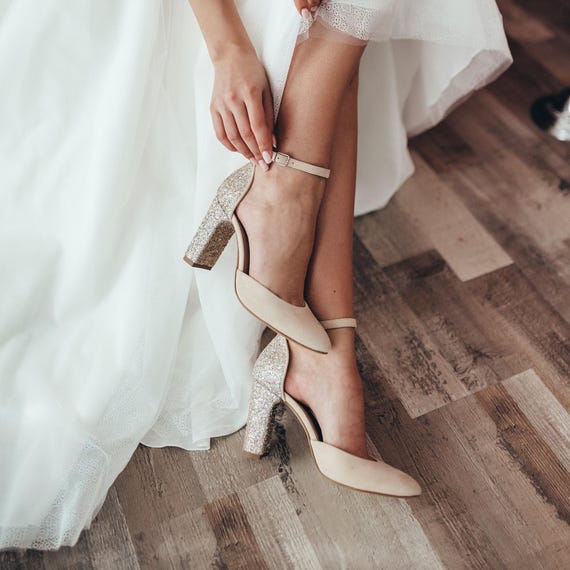 Ivory Wedding Shoes With Glitter Block Heels, Handmade Bridal