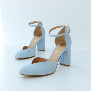 Blue Bridal Shoes with High Block Heel, Wedding Heels with Almond Toe and Ankle Strap, Wedding Sandals with V-notched Vamp, Something Blue