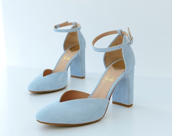 Blue Bridal Shoes with High Block Heel, Wedding Heels with Almond Toe and Ankle Strap, Wedding Sandals with V-notched Vamp, Something Blue