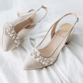 Ivory Wedding Sandals with Low Block Heel and Pointy Toe, Slingback Bridal Shoes with Handmade Pearls Embroidery, Suede Wedding Shoes product logo