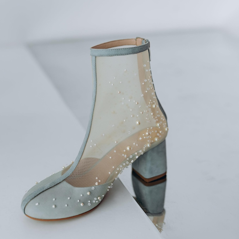 Ivory Wedding Boots with Block Heels and Pearl Embroidery on Tulle, Almond Toe Wedding Shoes Pearls Embellished, Bridal Booties Mid Heel