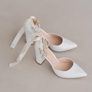 White Wedding Heels with Block Heel and Ankle Strap, Bridal Shoes with High Heels from White Leather, Shoes For Bride with Pointy Toe
