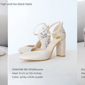 IvoryBridal Sandals with Handmade Embroidery, Wedding Shoes with V-Notched Vamp,Almond Toe and Ankle Strap, Bridal Shoes with Block Heel image 7