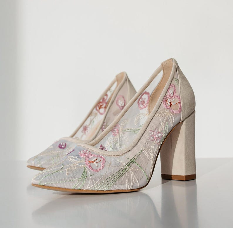 Ivory Wedding Shoes with Mid Block Heel and Colorful Floral Embroidery, Wedding Heels with Pointy Toe, Handmade Embroidered Bridal Shoes